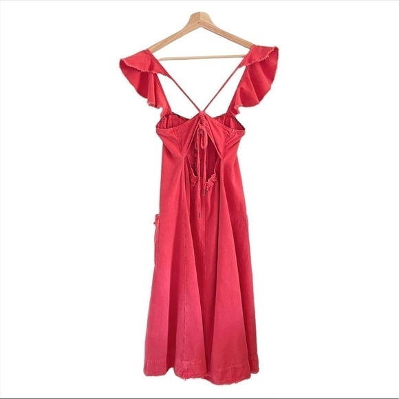 NWT Anthropologie Pilcro Linen Flutter Sleeve Midi Apron Dress Red XXS - Small - Picture 7 of 15